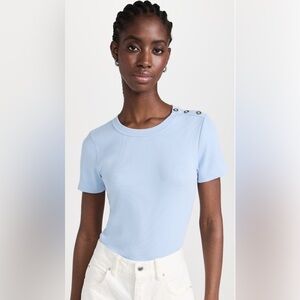 Veronica Beard Draya Ribbed Tee Ice Blue Button Shoulder Pima Cotton Size XL